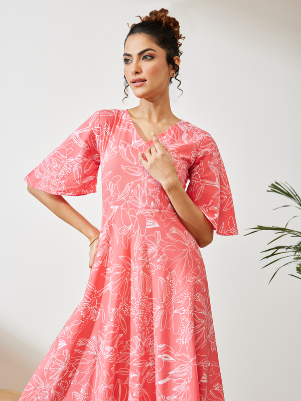 Women's Peach Cotton Floral Printed A-line Dress