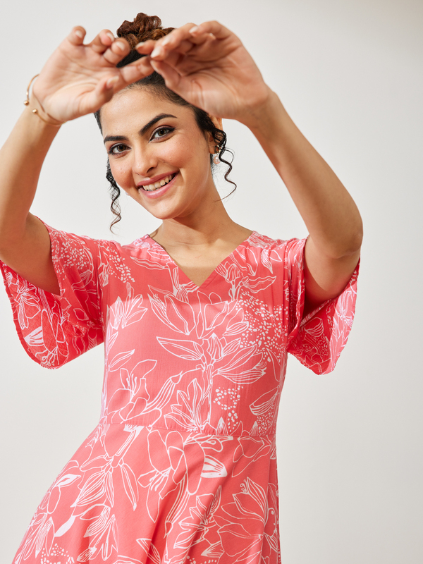 Women's Peach Cotton Floral Printed A-line Dress