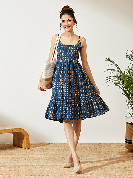 Womens Navy Blue Pure Cotton Abstract Printed A-line Dresss