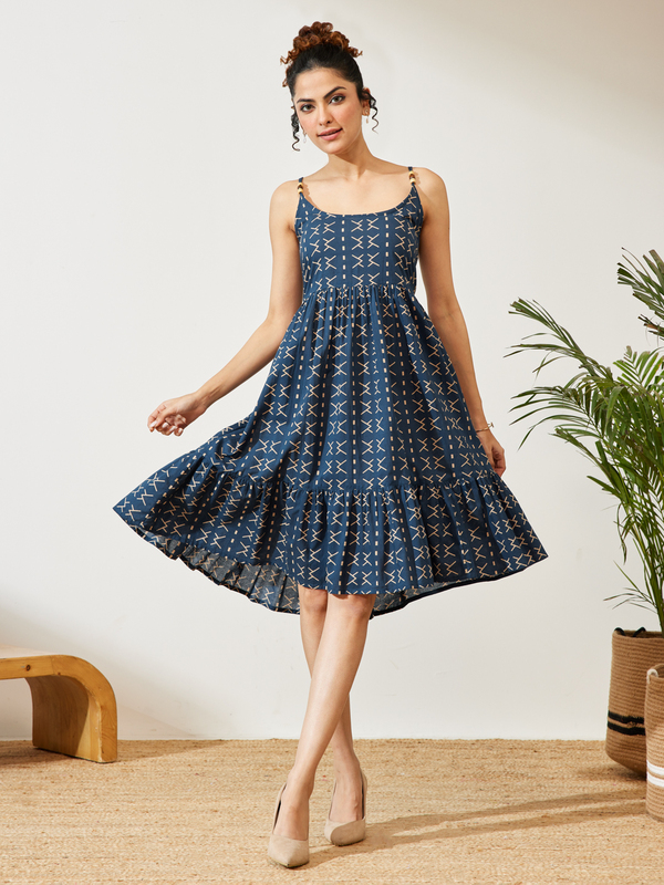 Womens Navy Blue Pure Cotton Abstract Printed A-line Dresss