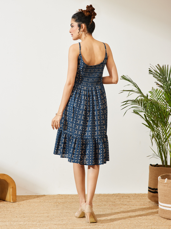 Womens Navy Blue Pure Cotton Abstract Printed A-line Dresss