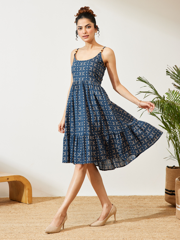 Womens Navy Blue Pure Cotton Abstract Printed A-line Dresss