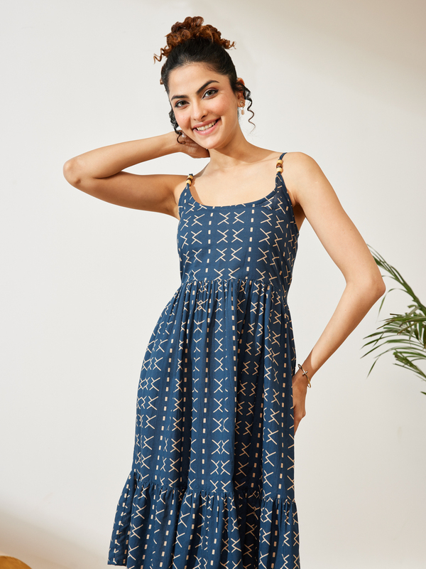 Womens Navy Blue Pure Cotton Abstract Printed A-line Dresss