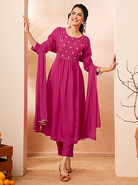 Women's Pink Rayon Yoke Embroidered A-line Kurta Set