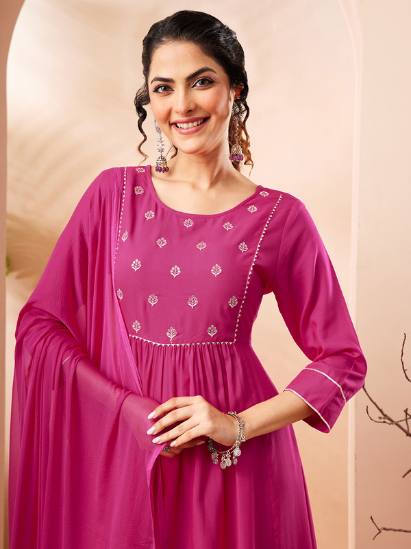 Women's Pink Rayon Yoke Embroidered A-line Kurta Set