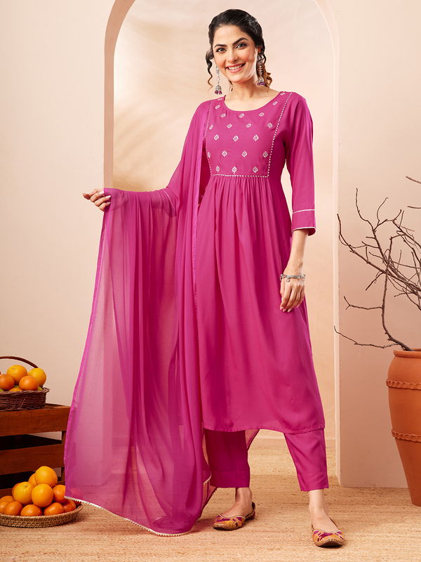 Women's Pink Rayon Yoke Embroidered A-line Kurta Set