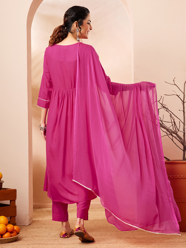 Women's Pink Rayon Yoke Embroidered A-line Kurta Set