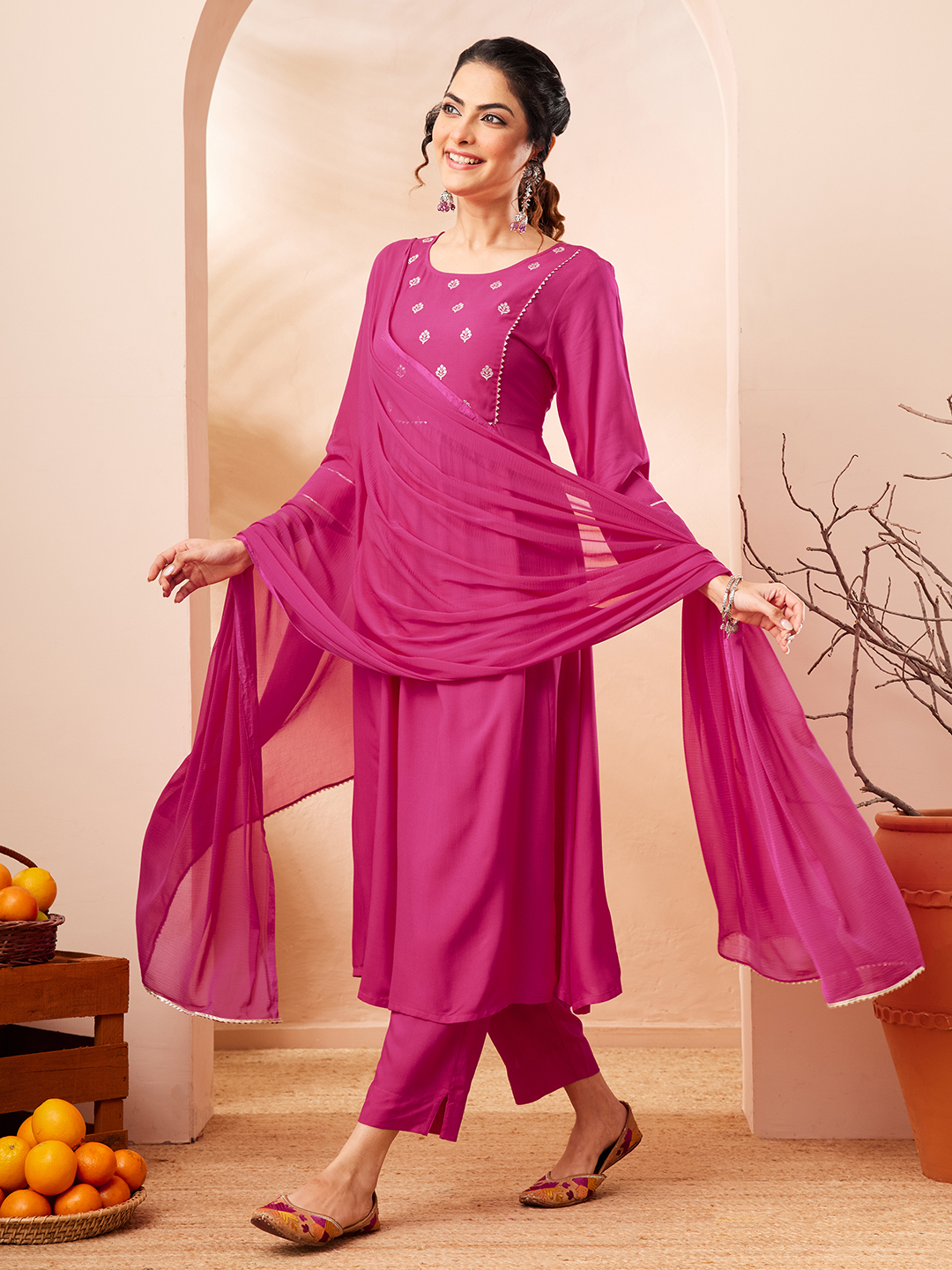 Women's Pink Rayon Yoke Embroidered A-line Kurta Set