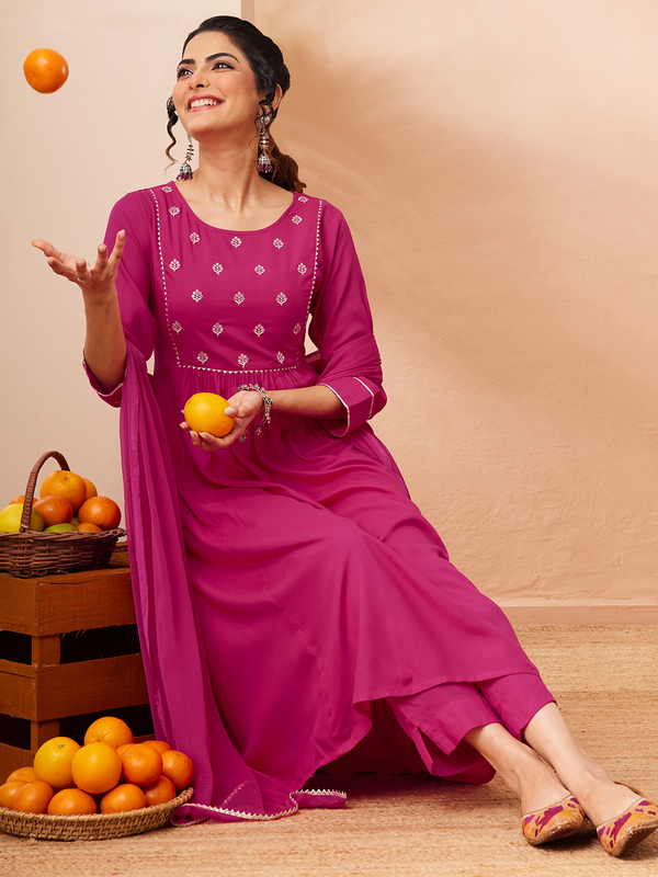 Women's Pink Rayon Yoke Embroidered A-line Kurta Set