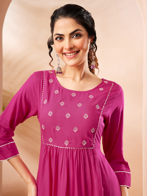 Women's Pink Rayon Yoke Embroidered A-line Kurta Set