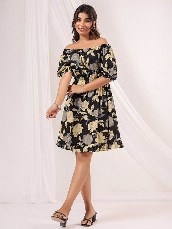 Women's Black Pure Cotton Floral Printed A-line Dress