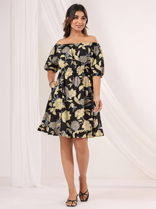 Women's Black Pure Cotton Floral Printed A-line Dress