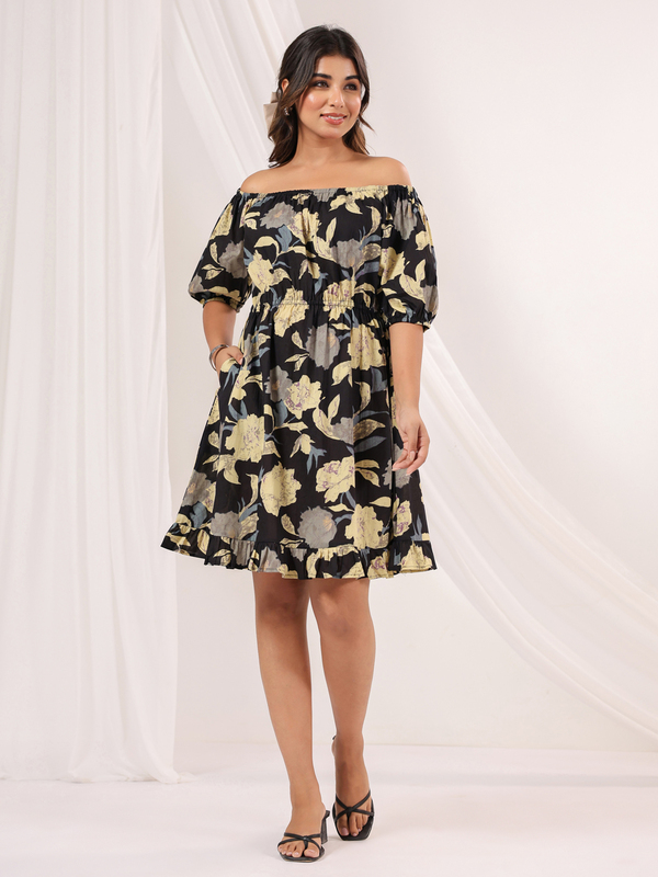 Women's Black Pure Cotton Floral Printed A-line Dress