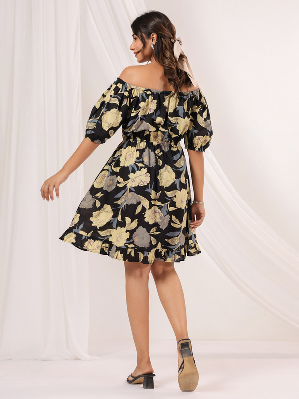 Women's Black Pure Cotton Floral Printed A-line Dress