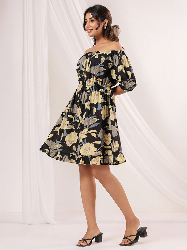 Women's Black Pure Cotton Floral Printed A-line Dress
