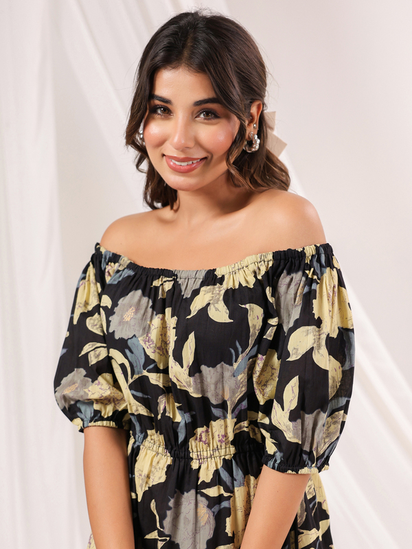 Women's Black Pure Cotton Floral Printed A-line Dress