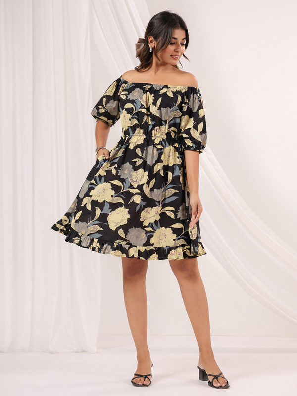 Women's Black Pure Cotton Floral Printed A-line Dress