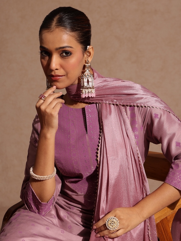 Women's Purple Silk Blend Embellished Zari Printed Straight Kurta Set