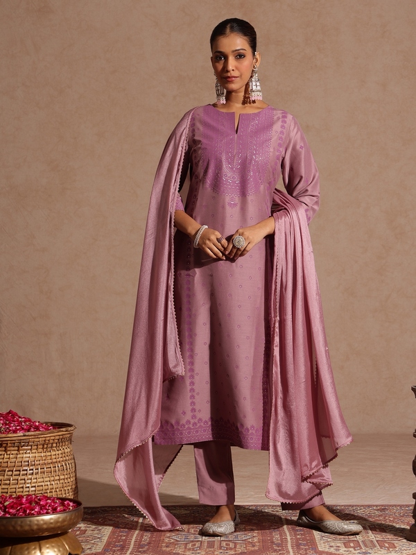 Women's Purple Silk Blend Embellished Zari Printed Straight Kurta Set
