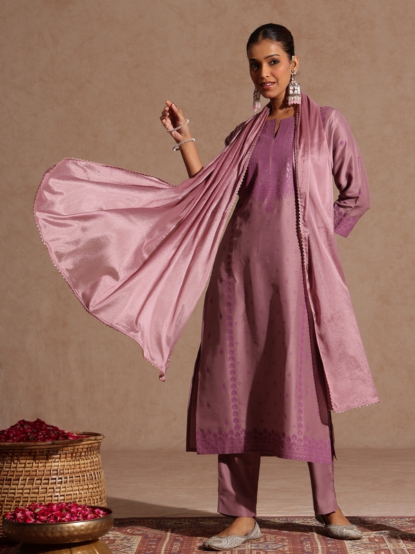 Women's Purple Silk Blend Embellished Zari Printed Straight Kurta Set