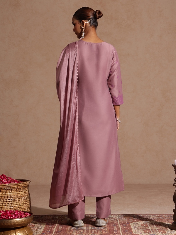 Women's Purple Silk Blend Embellished Zari Printed Straight Kurta Set
