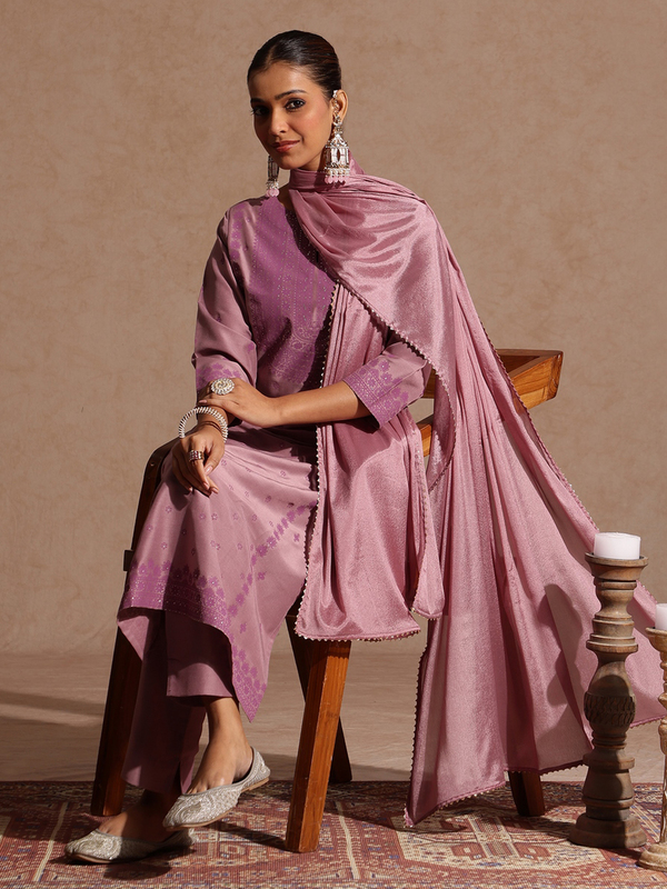 Women's Purple Silk Blend Embellished Zari Printed Straight Kurta Set