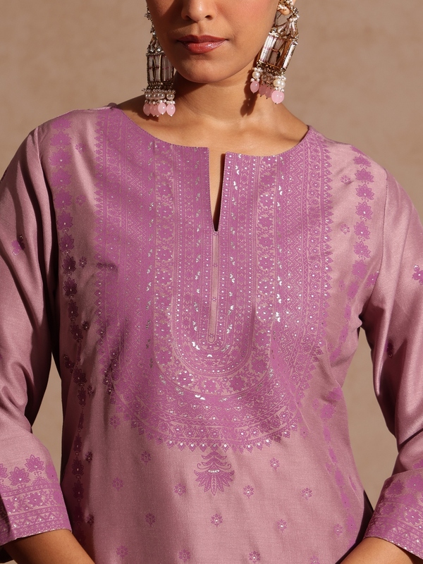 Women's Purple Silk Blend Embellished Zari Printed Straight Kurta Set
