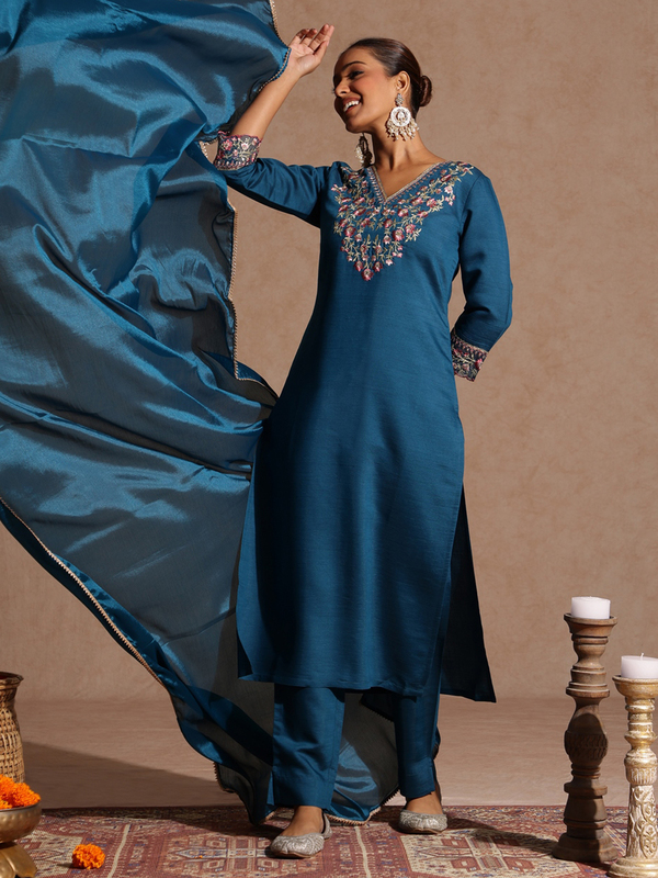 Women's Teal Blue Silk Blend Yoke Embroidered Straight Kurta Set