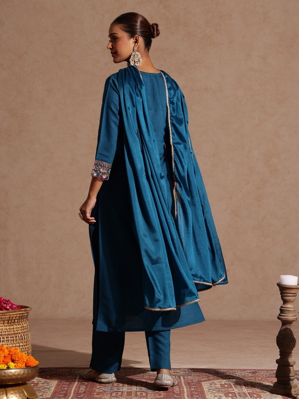 Women's Teal Blue Silk Blend Yoke Embroidered Straight Kurta Set