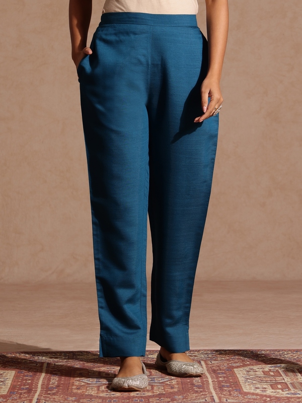 Women's Teal Blue Silk Blend Yoke Embroidered Straight Kurta Set