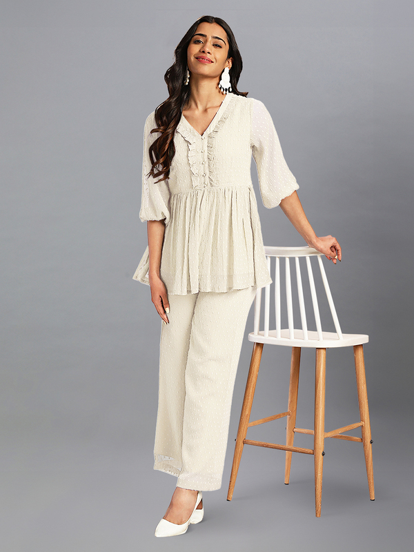 Women's Off White Dobby Chiffon Self Design Co-Ord Set