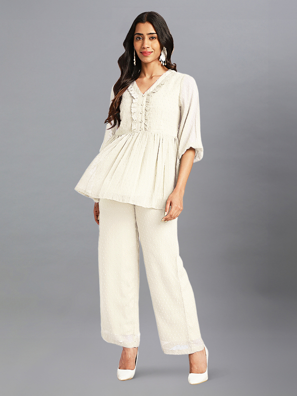 Women's Off White Dobby Chiffon Self Design Co-Ord Set