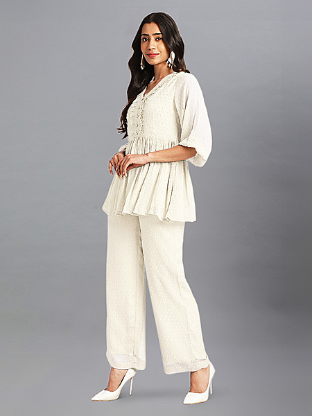 Women's Off White Dobby Chiffon Self Design Co-Ord Set