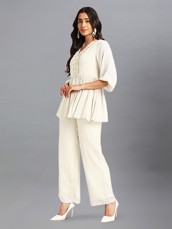 Women's Off White Dobby Chiffon Self Design Co-Ord Set