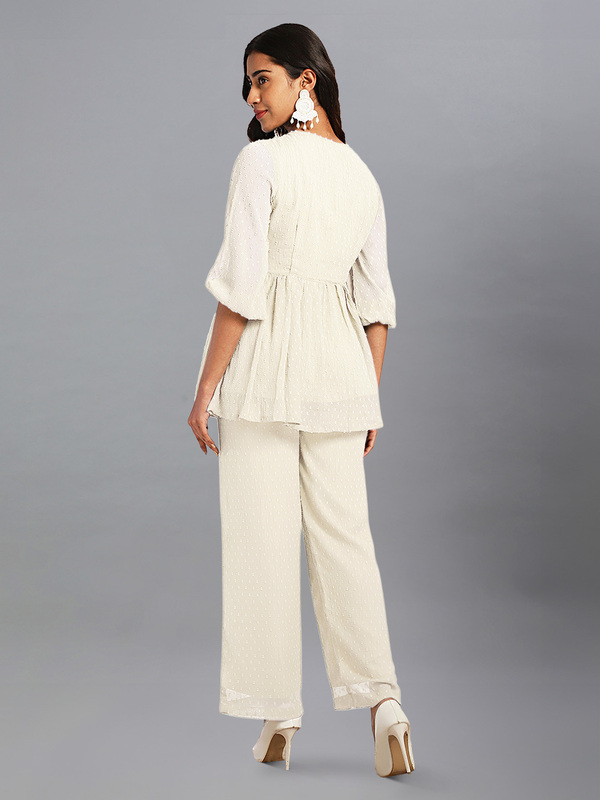 Women's Off White Dobby Chiffon Self Design Co-Ord Set