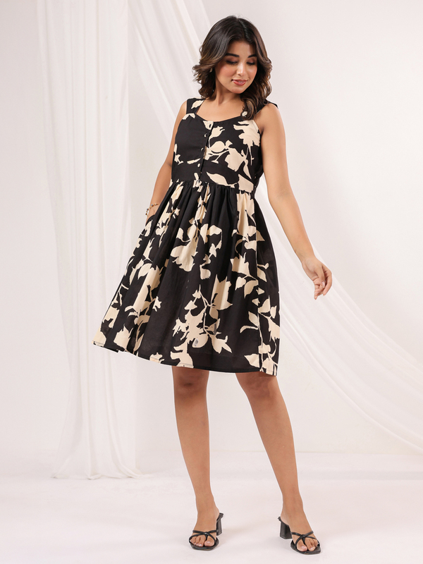 Womens black and cream pure cotton floral printed fit and flare dress