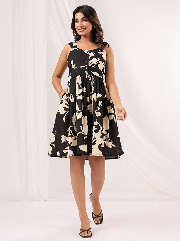 Womens black and cream pure cotton floral printed fit and flare dress
