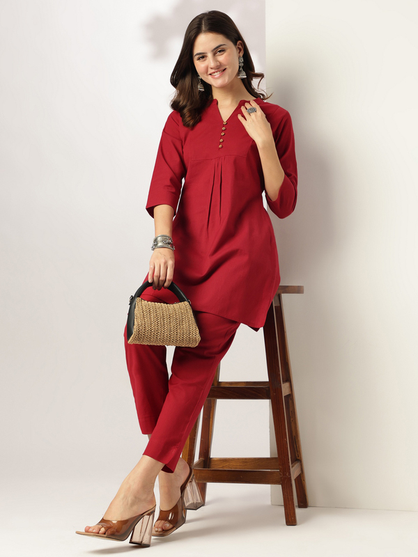 Women's Maroon Cotton Solid A-line Co-ord Set