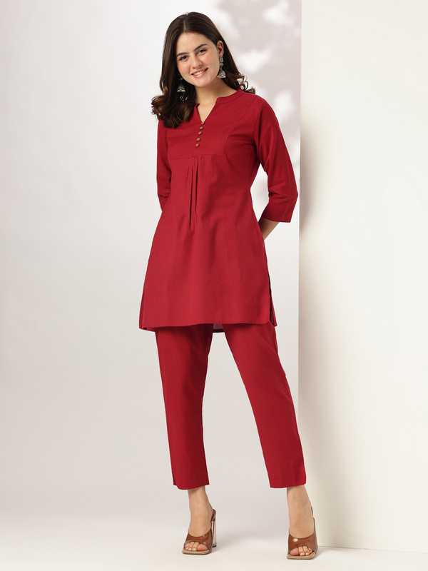 Women's Maroon Cotton Solid A-line Co-ord Set
