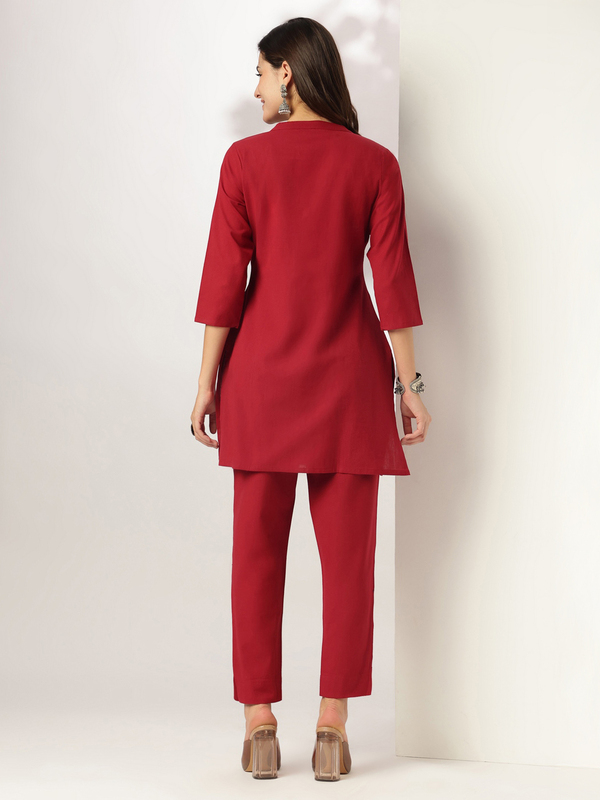 Women's Maroon Cotton Solid A-line Co-ord Set