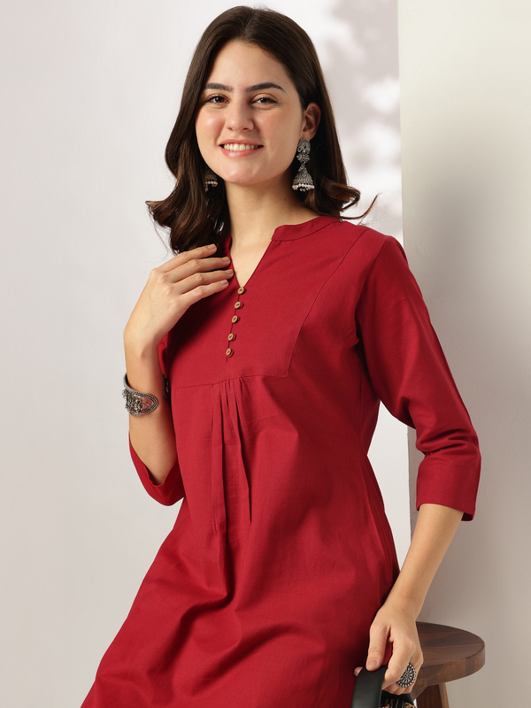 Women's Maroon Cotton Solid A-line Co-ord Set