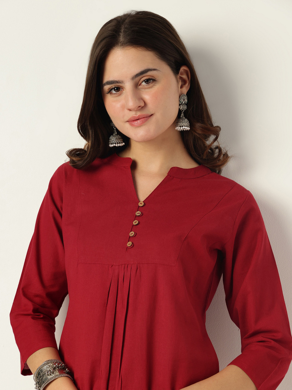 Women's Maroon Cotton Solid A-line Co-ord Set