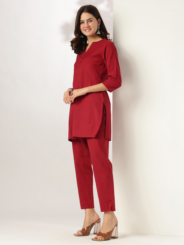 Women's Maroon Cotton Solid A-line Co-ord Set
