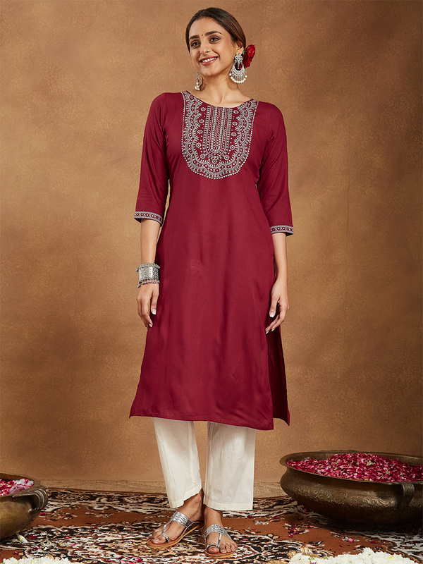 Women's Maroon Rayon Embroidered Straight Kurta