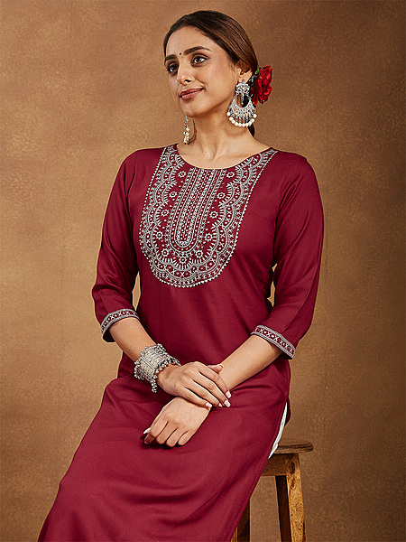 Women's Maroon Rayon Embroidered Straight Kurta