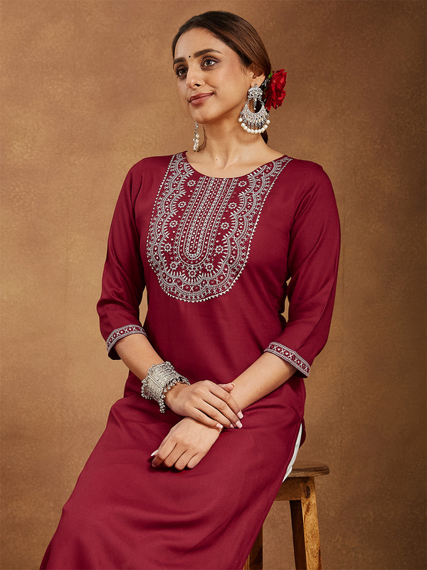 Women's Maroon Rayon Embroidered Straight Kurta