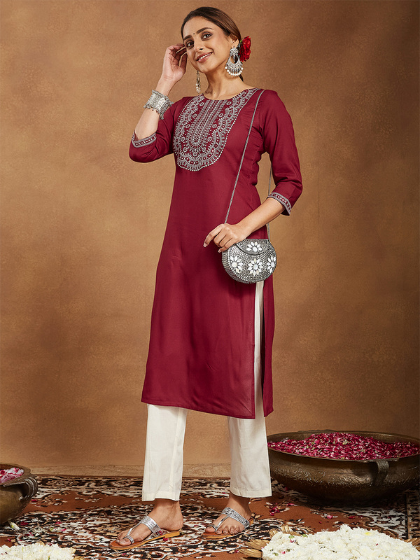 Women's Maroon Rayon Embroidered Straight Kurta