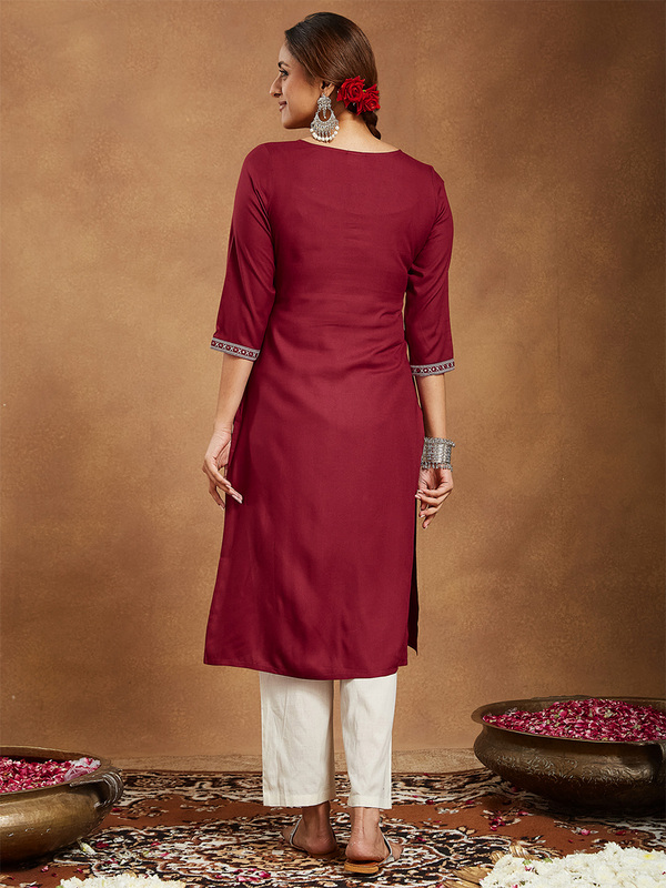 Women's Maroon Rayon Embroidered Straight Kurta