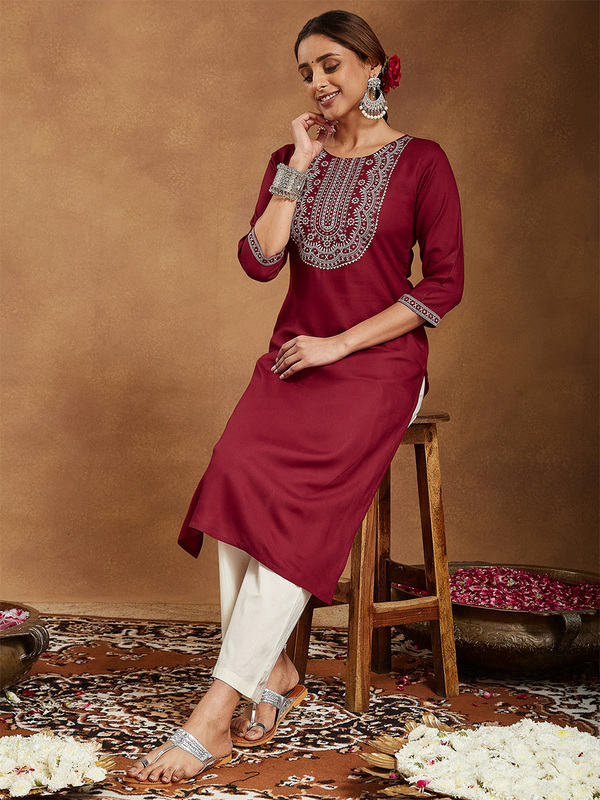 Women's Maroon Rayon Embroidered Straight Kurta