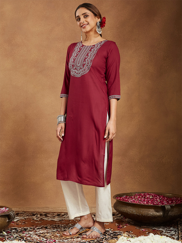 Women's Maroon Rayon Embroidered Straight Kurta